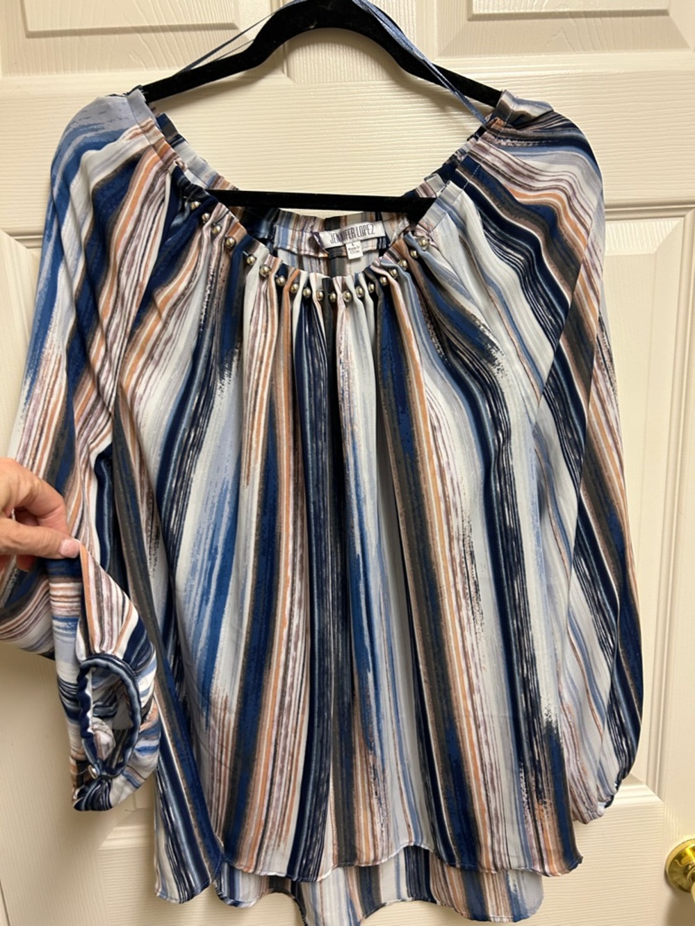 Striped Beaded Neck Blouse - Navy, Cream & Tan